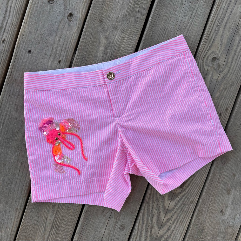 Lilly Pulitzer Callahan Party Lobster Sequined Pink Cosmo Shorts Seersucker 4 S